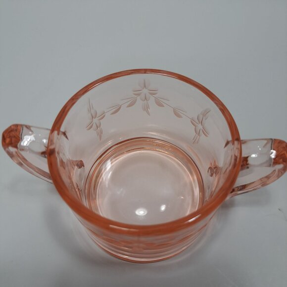 Pink Depression Double Handled Open Sugar Bowl Etched Floral Decor 30s Vintage - Picture 6 of 10